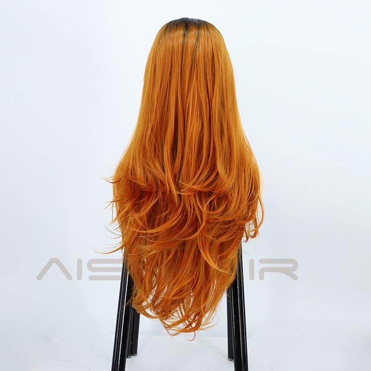 Aisi Hair High Quality 28 Inch Body Wave Curly Long Wavy Ombre Orange Lace Frontal Synthetic Hair For Black Women Lace Front Wig