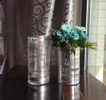 Silver striped cylinders frosted tall glass candle holders