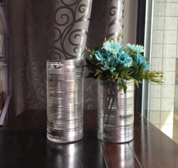 Silver striped cylinders frosted tall glass candle holders