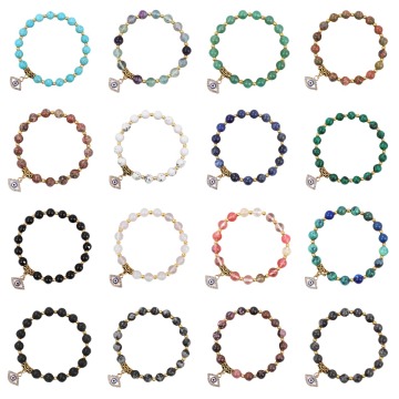 8MM Gemstone Beads with Evil Eye Bracelet Natural Stone Stretch Bangle for Women Gold Beads Elastic Evil Eye Charm Bracelets