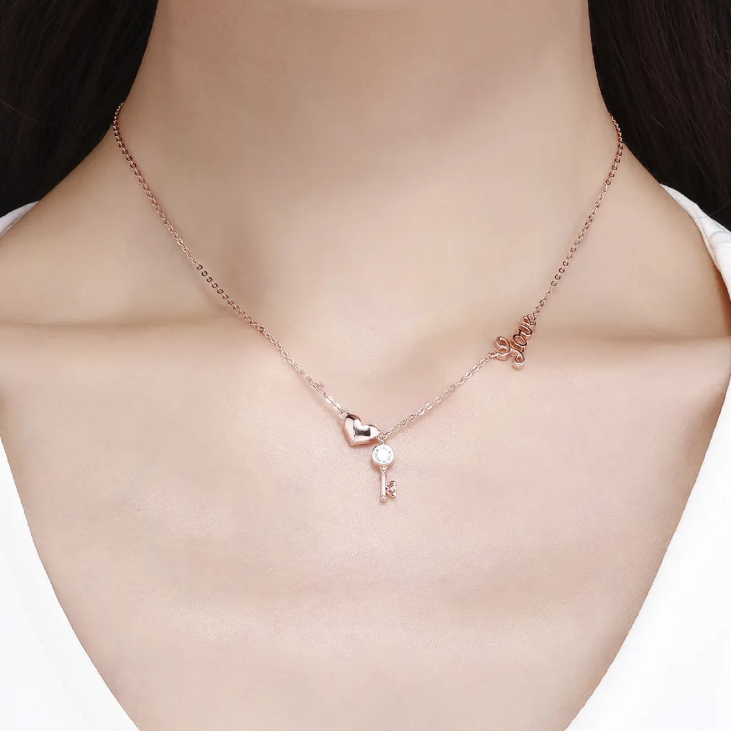 Rose Gold Plated The Key Shape CZ 925 Sterling Silver Pendant Necklace Jewelry