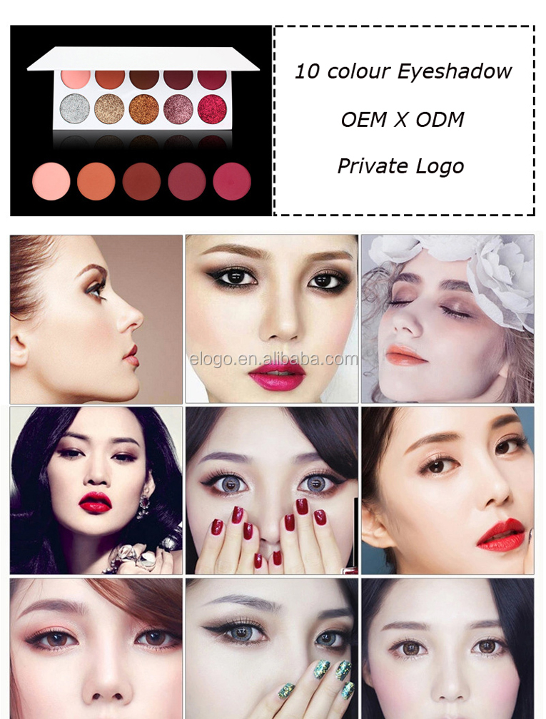 High quality Private Label Make Up Cosmetics 10 Color Pressed Glitter Eyeshadow Palette with White Box