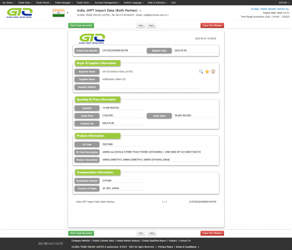 India Customs Data about Amino Dimethyl