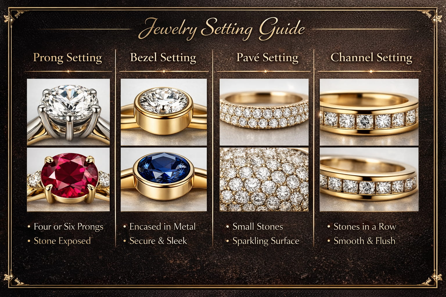 Laboratuarda yetiştirilen elmas ve değerli taş takılar için uç çerçeve açma ve kanal ayarlama yöntemlerini gösteren takı yerleştirme kılavuzu