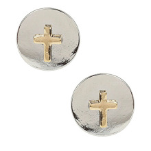 Round-shaped silver stud earrings with gold cross