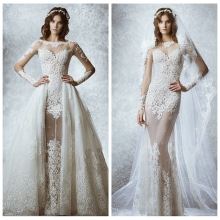 simple boat neck lace long sleeve corset wedding dress