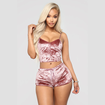 New Fashion Women Sexy Velvet Pajama Sets Ladies Lace V-Neck Crop Tops Shorts 2Pcs Sleepwear Lingerie Pajamas Sets