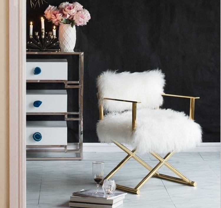 Modern Style Luxurious White Wool Golden Legs Italian Design Chair