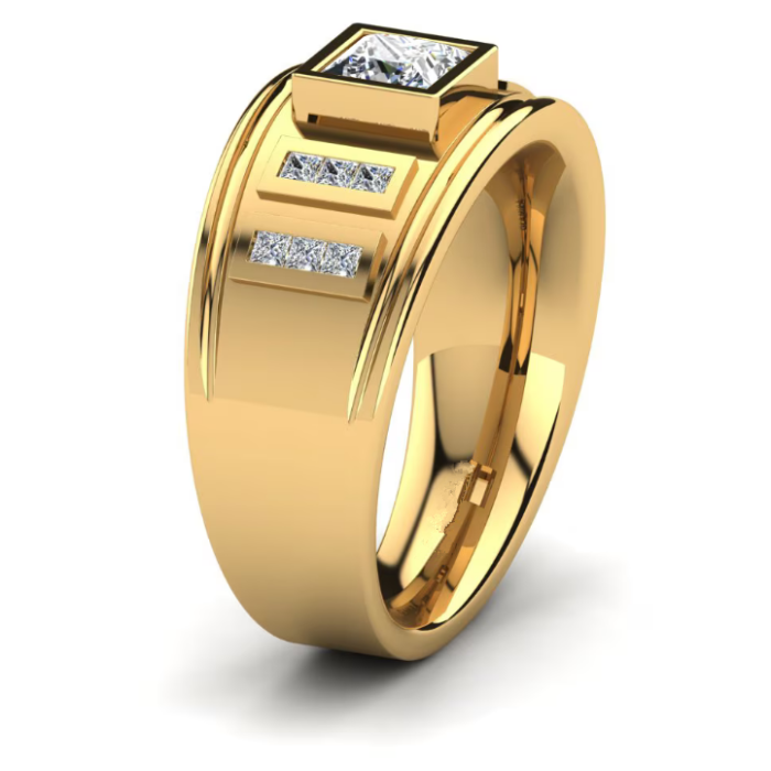 Vista frontal de un anillo para hombre con hombros escalonados y centro de diamantes de laboratorio de talla princesa