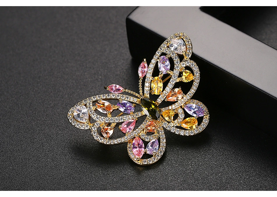 Rainbow Color Gold Plated CZ Butterfly Brass Brooch