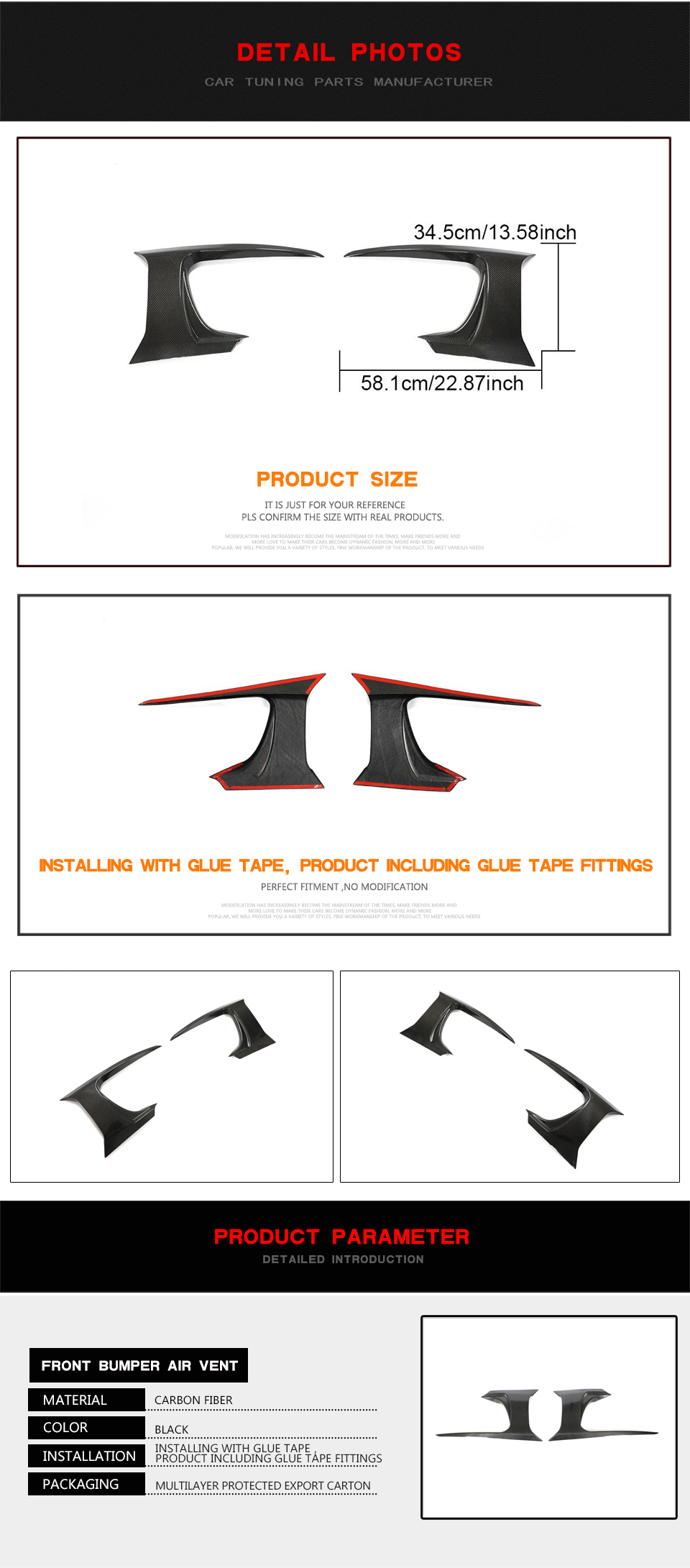 Carbon Fiber Front Bumper Canards Air Vent Fins for Jaguar F-Type SVR 2-Door 2016-2019