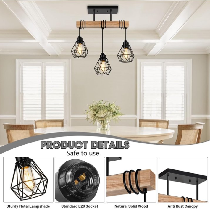 3 - Light Kitchen Island Lighting Pendant Light Fixtures over Table Wood Hanging Lamp with Metal Shades for Dining Table Living Room Hallway (6) 3 - Light Kitchen Island Lighting Pendant Light Fixtures over Table Wood Hanging Lamp with Metal Shades for Dining Table Living Room Hallway (6)