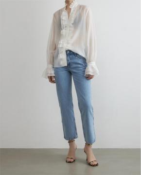 Sheer Wood Ear Edge Stand Up Collar Top