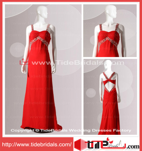 Low Back Beaded Straps Empire Chiffon Red Evening Wear Criss-Ross Prom Dress (TC06673)