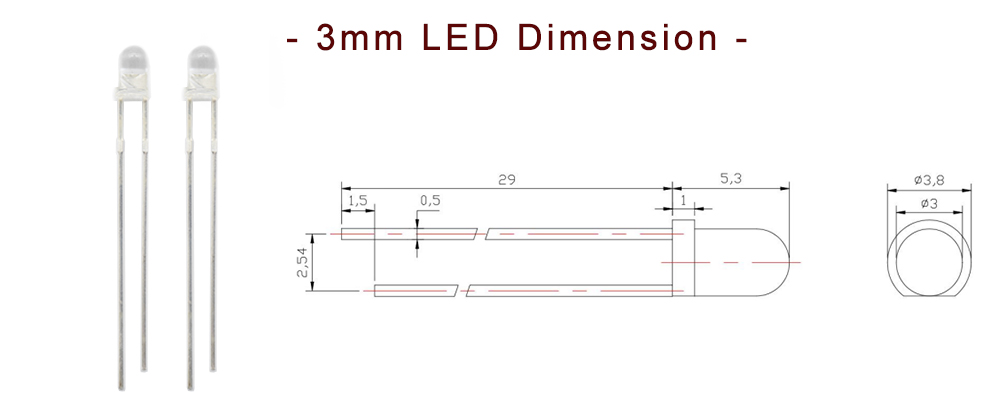 Size of 304IRC120L17I100 Far Red IR LED 1200nm(±100nm) 3mm LED Emitter 3mm IR LED with clear lens