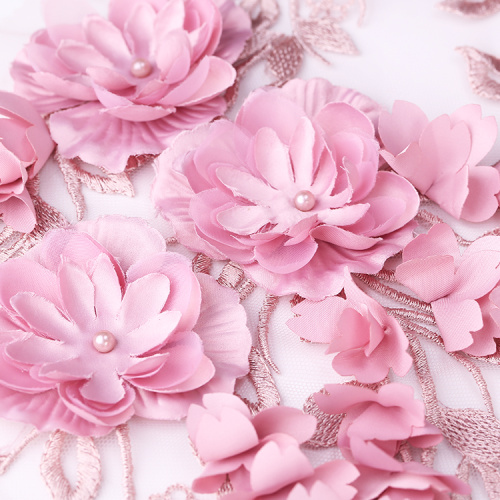 Pink 3D Flower Lace Embroidery Fabric