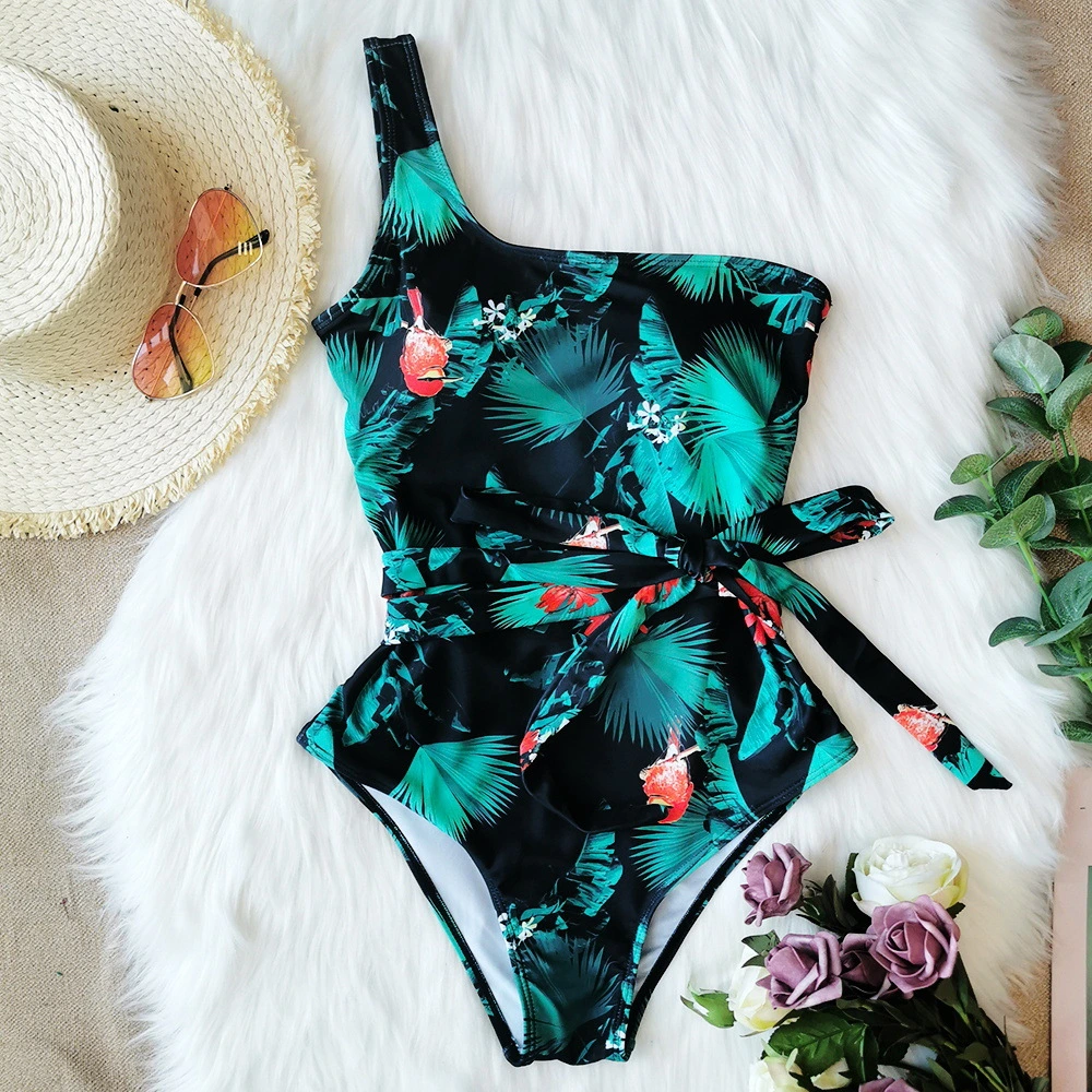 2021 New One-Shoulder Printed Floral One-Piece Swimsuit Strappy Swimsuit Women