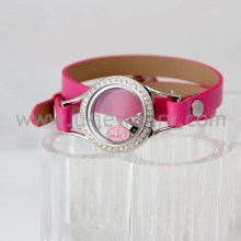 The newest design real pink leather floating locket bracelet