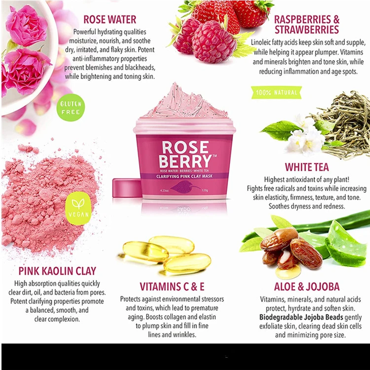 OEM Pure Rose Water & Berries Cleansing Blackheads Pink Clay Mask