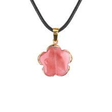 Cherry Quartz 20MM Flower Wrapped Golden Stone Pendant Necklace 45cm Black Cord