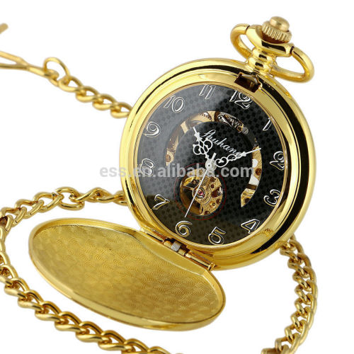 Golden Gold Antique Skeleton Mechanical Pocket Watch Necklace WP133