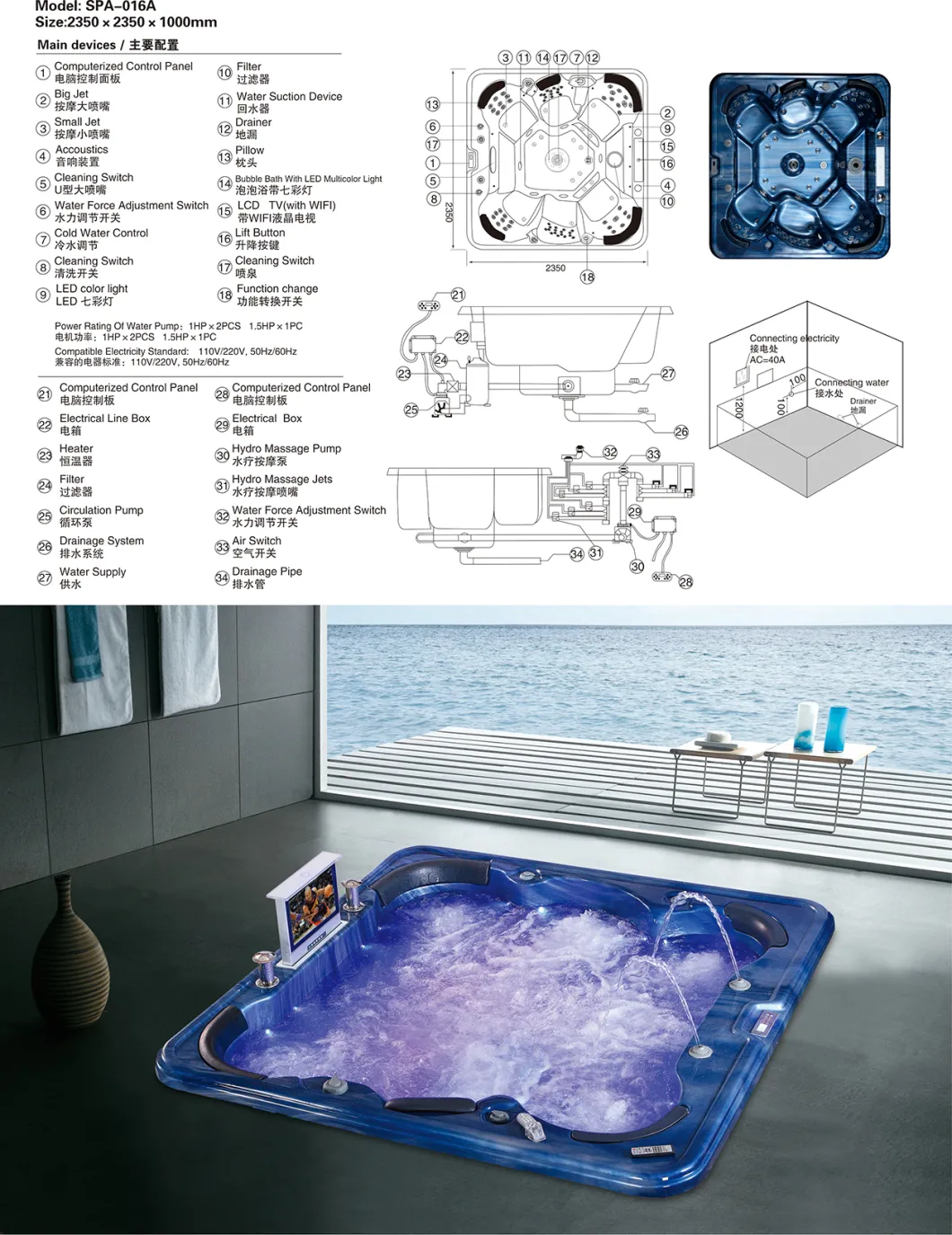 Whirlpool 6 Person Square Comfort Drop in Sexy Massage SPA