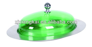 oval stainless steel butter tray with colored plastic lid