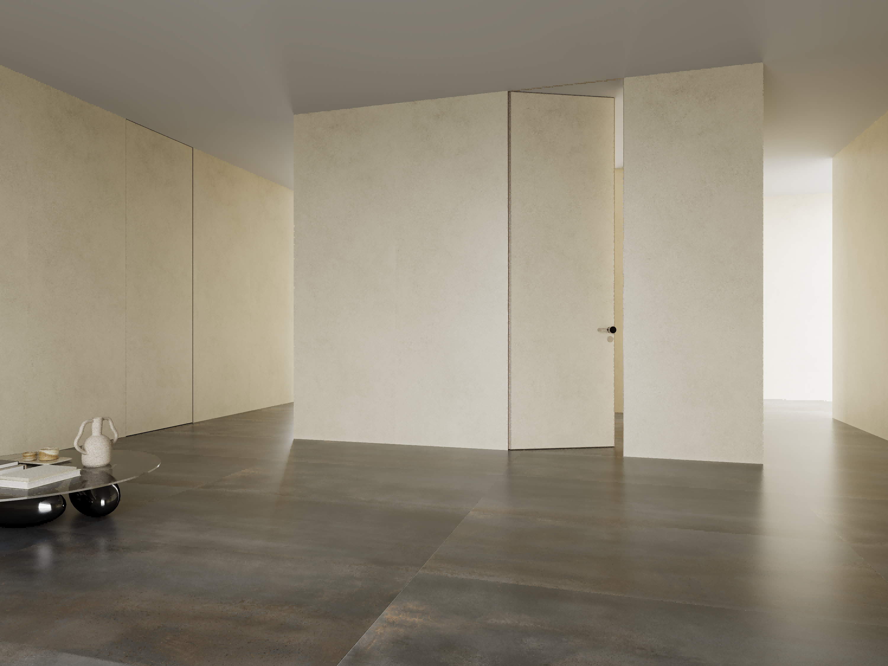 Porta articulada com moldura mínima em interior moderno