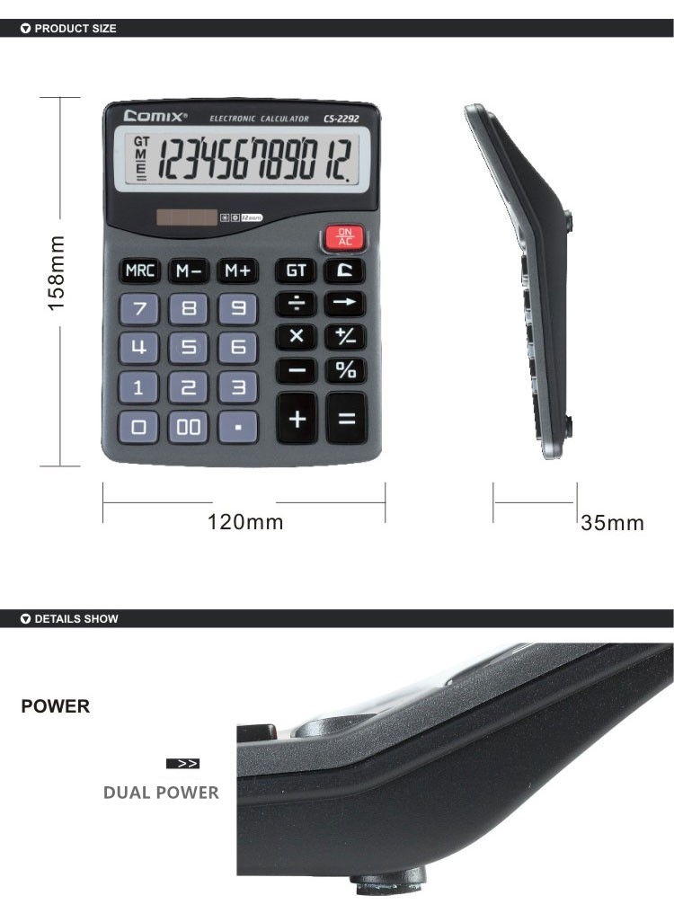 2018  12 digits  Solar and Battery Dual Power desktop calculators for office