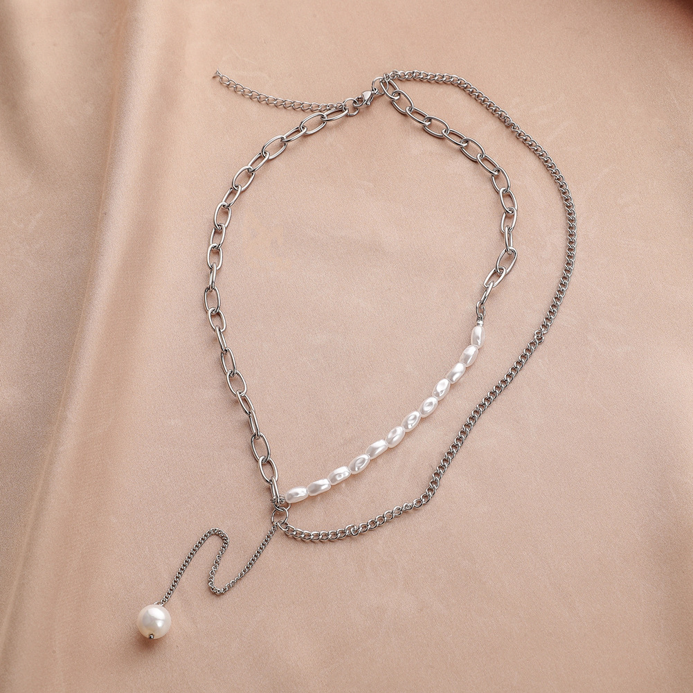 Stainless steel simple double necklace personality short pearl pendant clavicle chain women's accessories