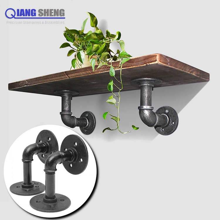 rustic black iron metal wall mounted round pipe tube industrial wood shelves shelf brackets supports