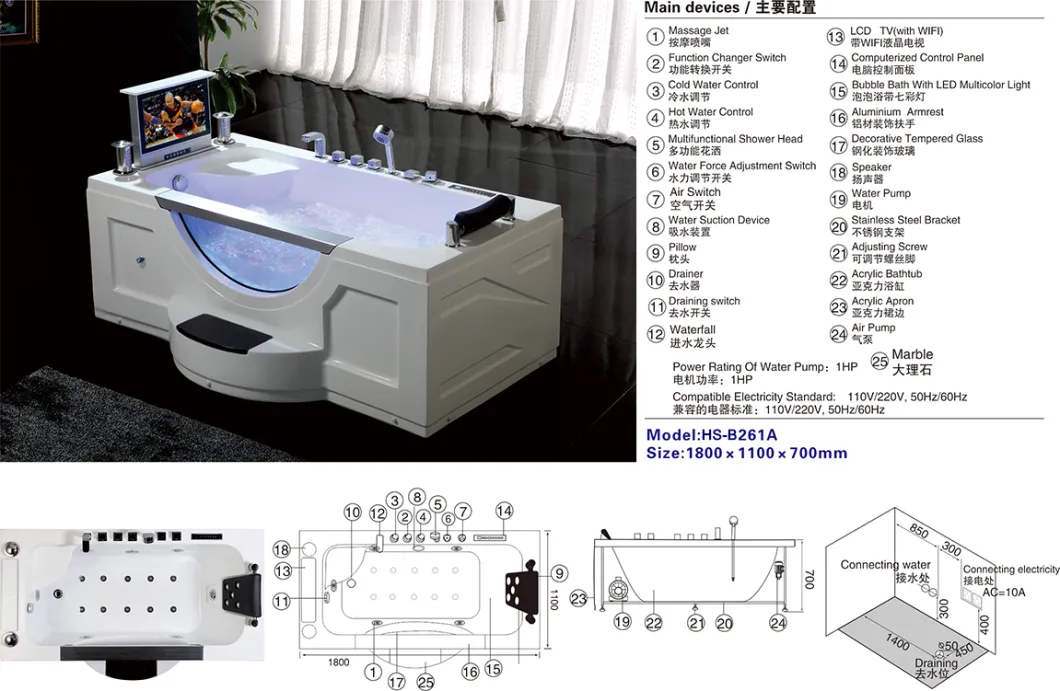 1.8m Length with TV Badewanne Jacuzzi Bathtub Foshan China