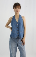 Retro Denim Halter Top With Exposed Back Straps