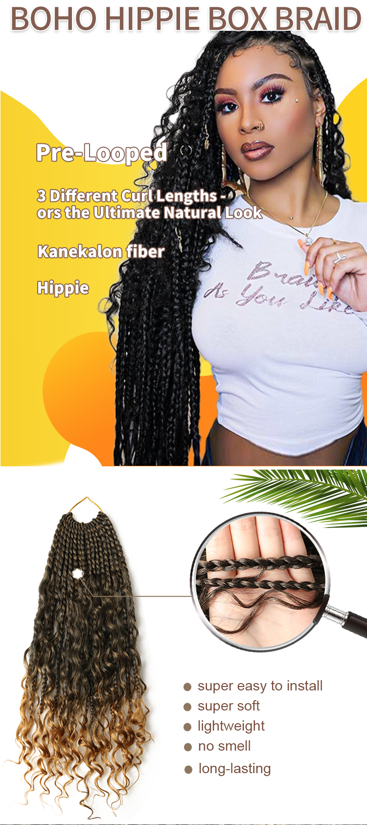 Julianna Kanekalon 14" boho hippie box braid messy goddess crochet hair with curly ombre pre-looped synthetic bohemian box braid