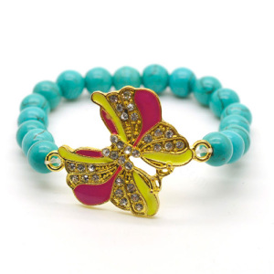 Turquoise 8MM perles rondes Bracelet extensible de pierres précieuses avec morceau de papillon en alliage Diamante