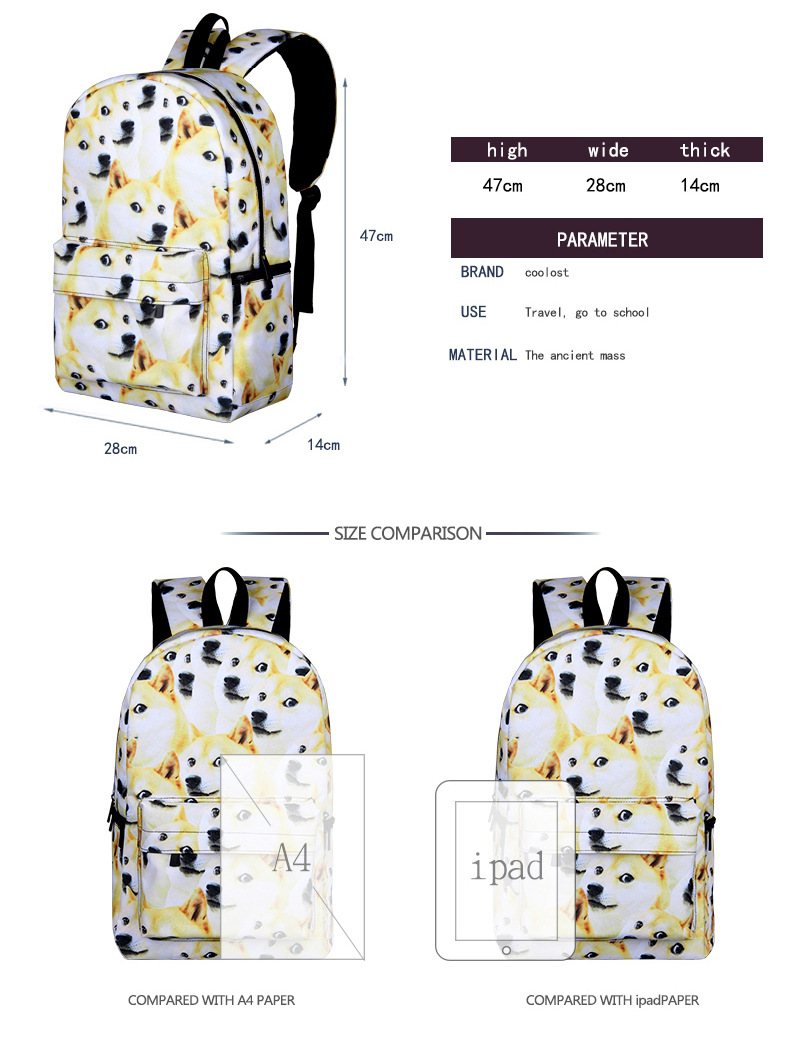 Wholesale blank sublimation full print waterproof backpacks zoo animal shoulders backpack school bag