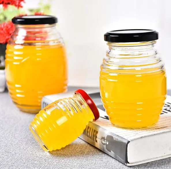 100ml-730ml Glass Round Shape Honey Jars with Honeycomb and Screw Thread Pattern, Glassware Metal Cap, Jam Jars, Glassware