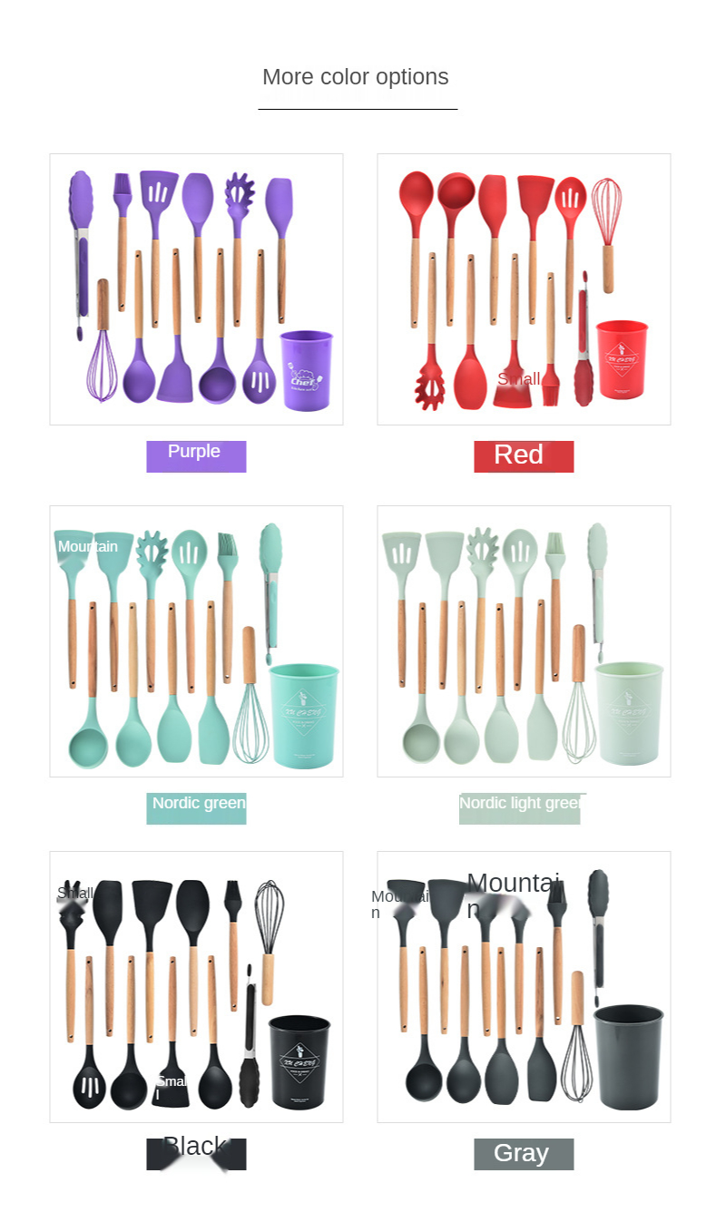 12 Pieces In 1 Set Silicone Kitchen Accessories Cooking Tools Kitchenware Silicone Kitchen Utensils with Wooden Handles