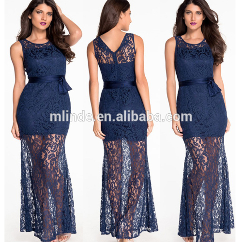 Formal Dress Wholesale Elegant Beautiful Sexy Bodycon Dark Blue Lace Round Neck Sleeveless Maxi Party Dress Evening Dress