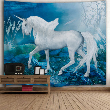 Unicorn White Wing Tapisserie Tier Wandbehang verträumte blaue Tapisserie für Wohnzimmer Schlafzimmer Home Wohnheim Dekor