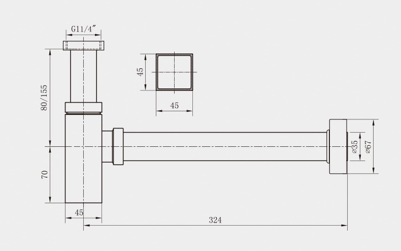 Tall square bottle trap with wall extension