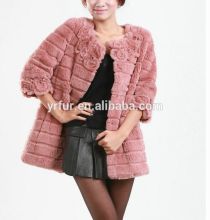 YR626A Real Rabbit Fur Sheared with Hand made flowers Unique Design Fur Coat