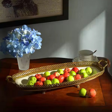 European Luxury Ceramic Fruit Bowl with Copper Ornaments and Double Ears