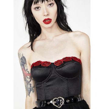 Elegant Black Embroidered Floral Underwire Bust Corset Bustier Top