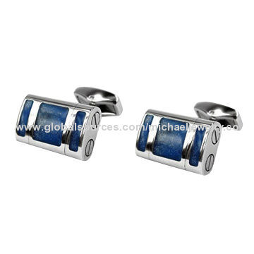 Stainless Steel Cufflinks with Blue Moire Enamel, Concise and Unique