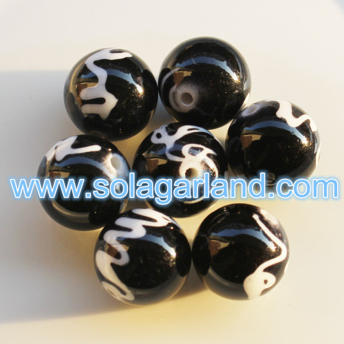 Perles rondes en plastique noir et blanc de banc de tirage de 10 mm vintage
