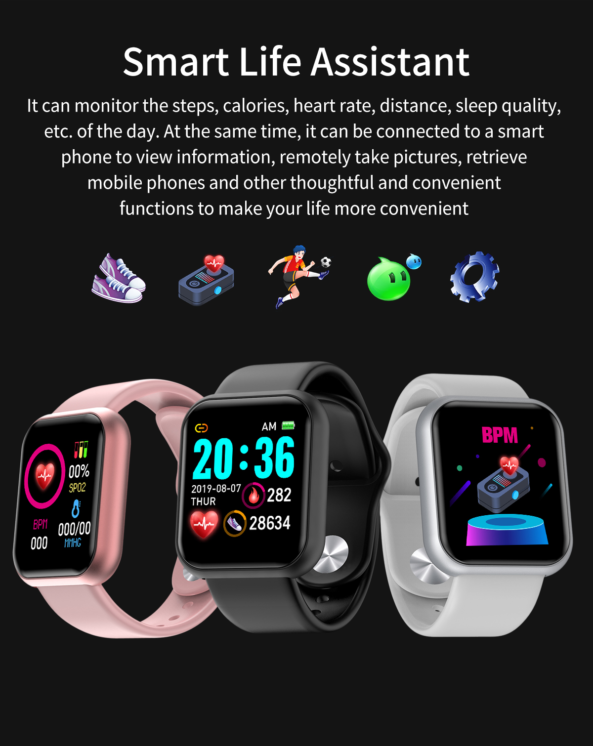 Smartwatch Y68/D20 Amazon Hot Sales Smart Bracelet Android Phones Reminder Water Proof Sport Smart Watch Health