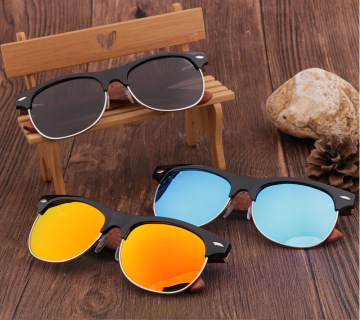 Classic Club Master Style Sunglasses - Wooden Temples, Polarized Mirrored Lenses, UV400 Protection