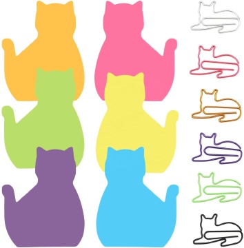 Cat Paper Clips and Silhouette Cat Shaped Sticky Notes Set - Office Desk Accessories