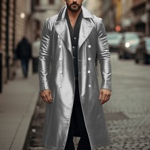 Men's Double Breasted Leather Jacket - Autumn Winter Long Leather Coat